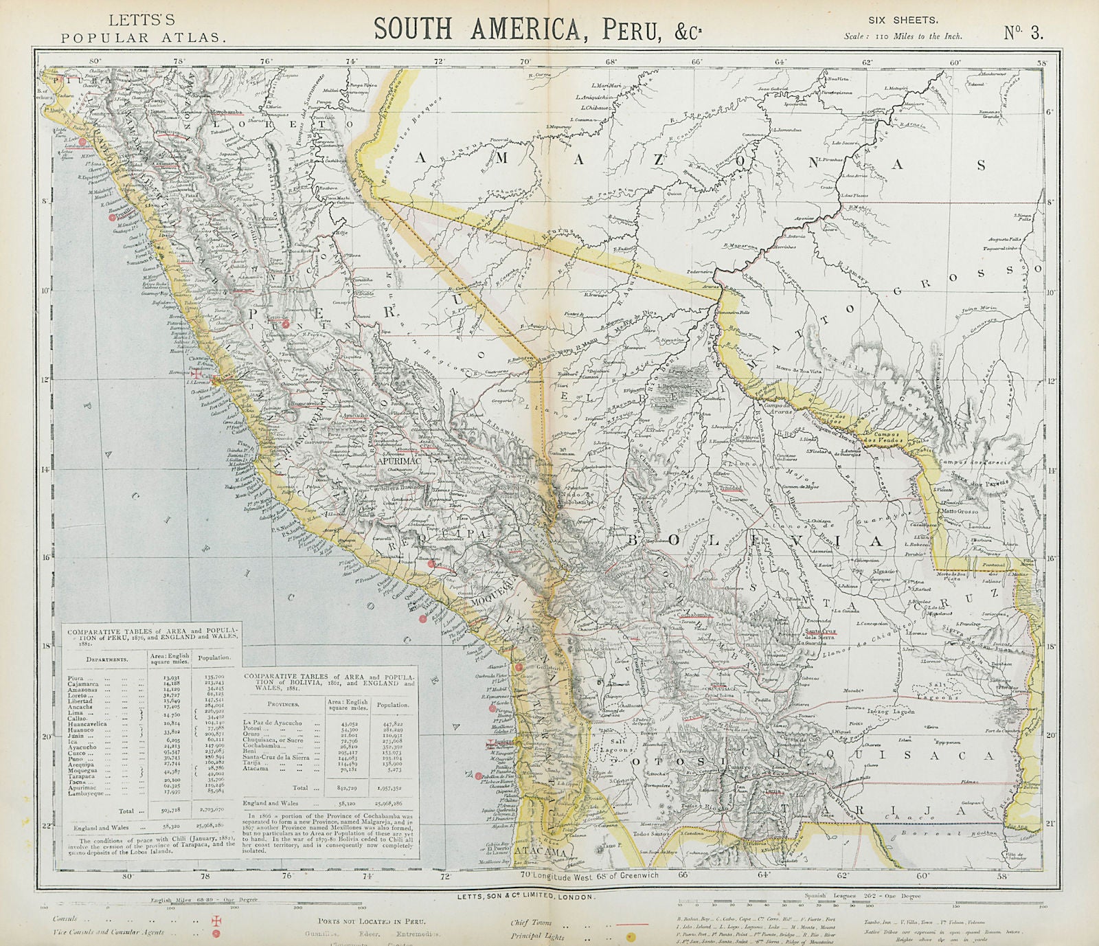BOLIVIA & PERU Amazonas Chile. Lighthouses British Consuls. LETTS 1883 old map